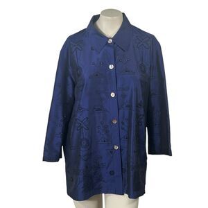 Laura Ashley Beaded Silk‎ Blue Blouse Button Front Workwear Office Size Large